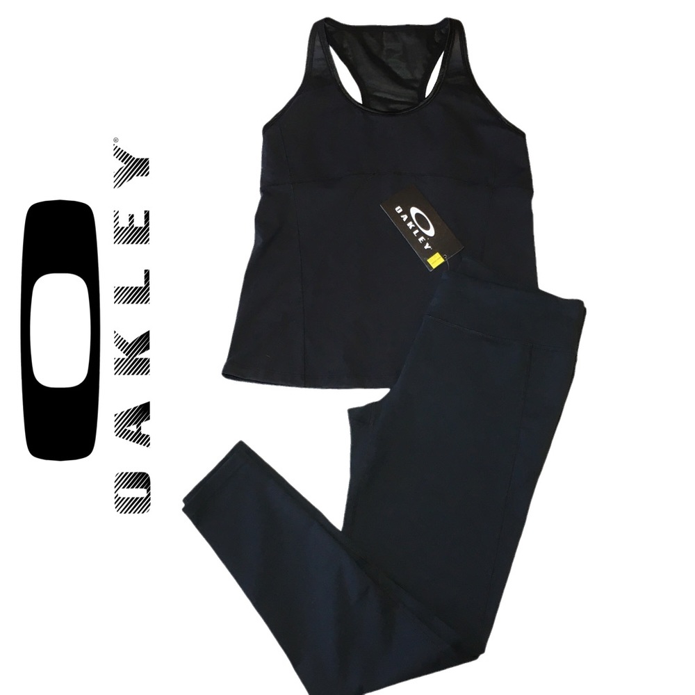Oakley Stretch Deep Black Endurance Tank Top & Jet Black Leggings Workout Set XL
